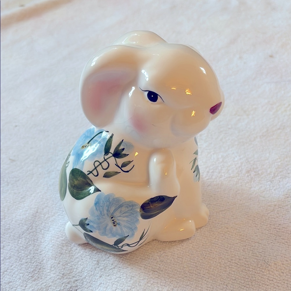 Floral Ceramic Easter Bunny Figurine - White and Blue- Vintage